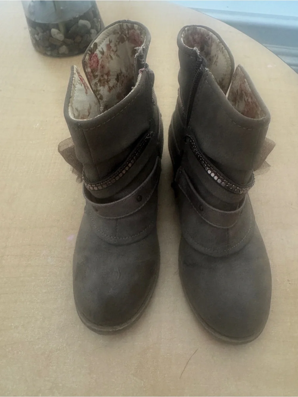 Kids Brown Suede Ankle Boots with Floral Lining